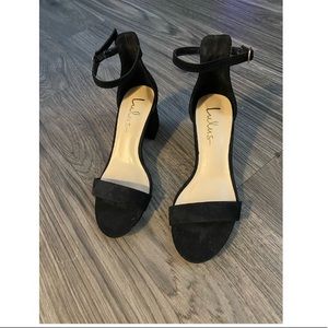 Black suede lulus 2.5” heel - size 7 - open toe - buckle fastener